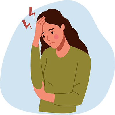 Vector illustration of a woman holding her aching head, symbolizing treatment for chronic and acute pain.