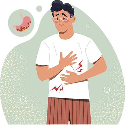 Vector illustration of a man holding his abdomen, symbolizing treatment for digestive disorders.