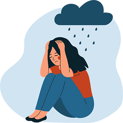 Vector illustration of a sad woman sitting under a storm cloud, symbolizing treatment for emotional disorders.