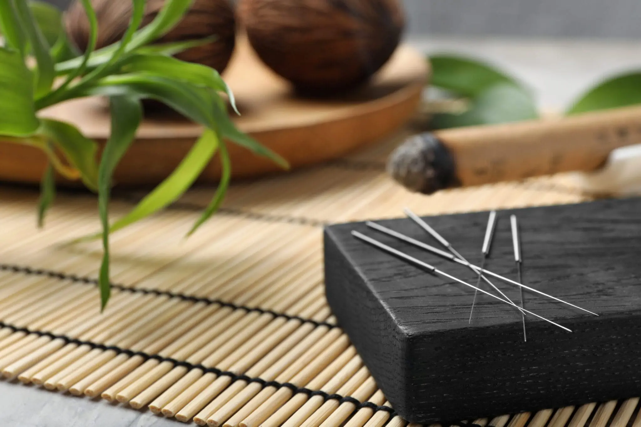 Sterilized needles for acupuncture treatments resting on a bamboo mat.