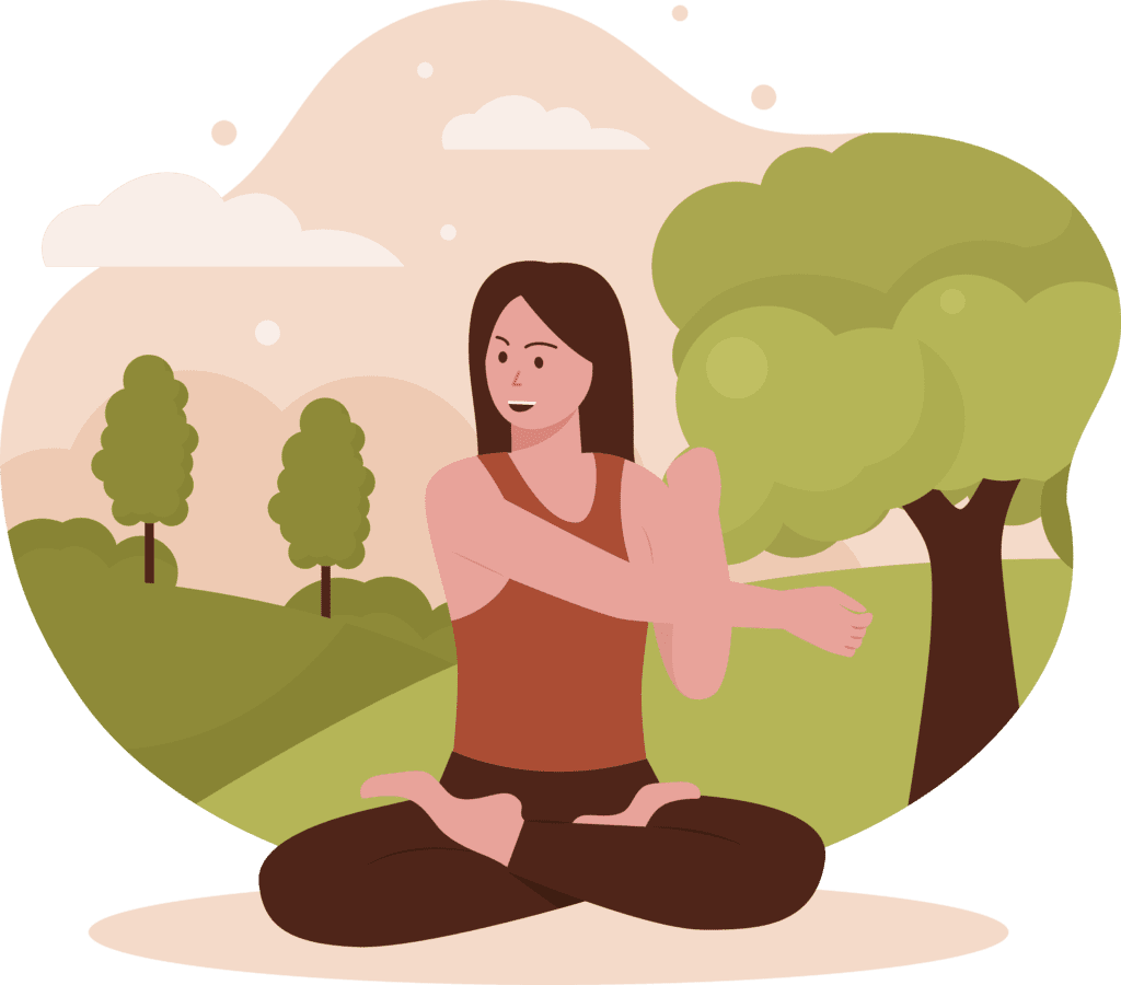 Vector graphic of a woman stretching outdoors in nature, symbolizing holistic and lasting healing.