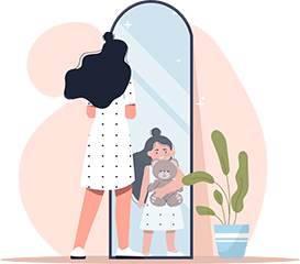 Vector graphic of a woman looking into a mirror that reflects her inner child, symbolizing how acupuncture promotes peace by calming the nervous system, reducing stress and anxiety, and fostering emotional stability and mindfulness.