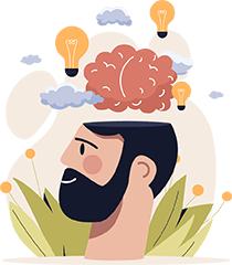 Vector graphic of a man's side profile with a floating brain, light bulbs, and nature elements, representing the parasympathetic nervous system's role in promoting presence, relaxation, and mental clarity.