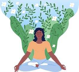 Vector graphic of a woman sitting cross-legged in a yoga pose with nature blooming from her back, symbolizing acupuncture's role in enhancing mental, emotional, and physical well-being to foster prosperity and motivation.