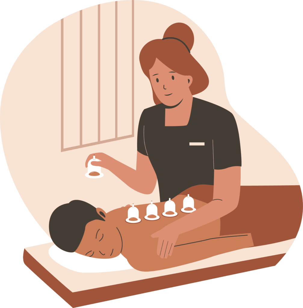 Vector graphic of a practitioner performing cupping therapy on a patient's back, representing results-driven treatment.