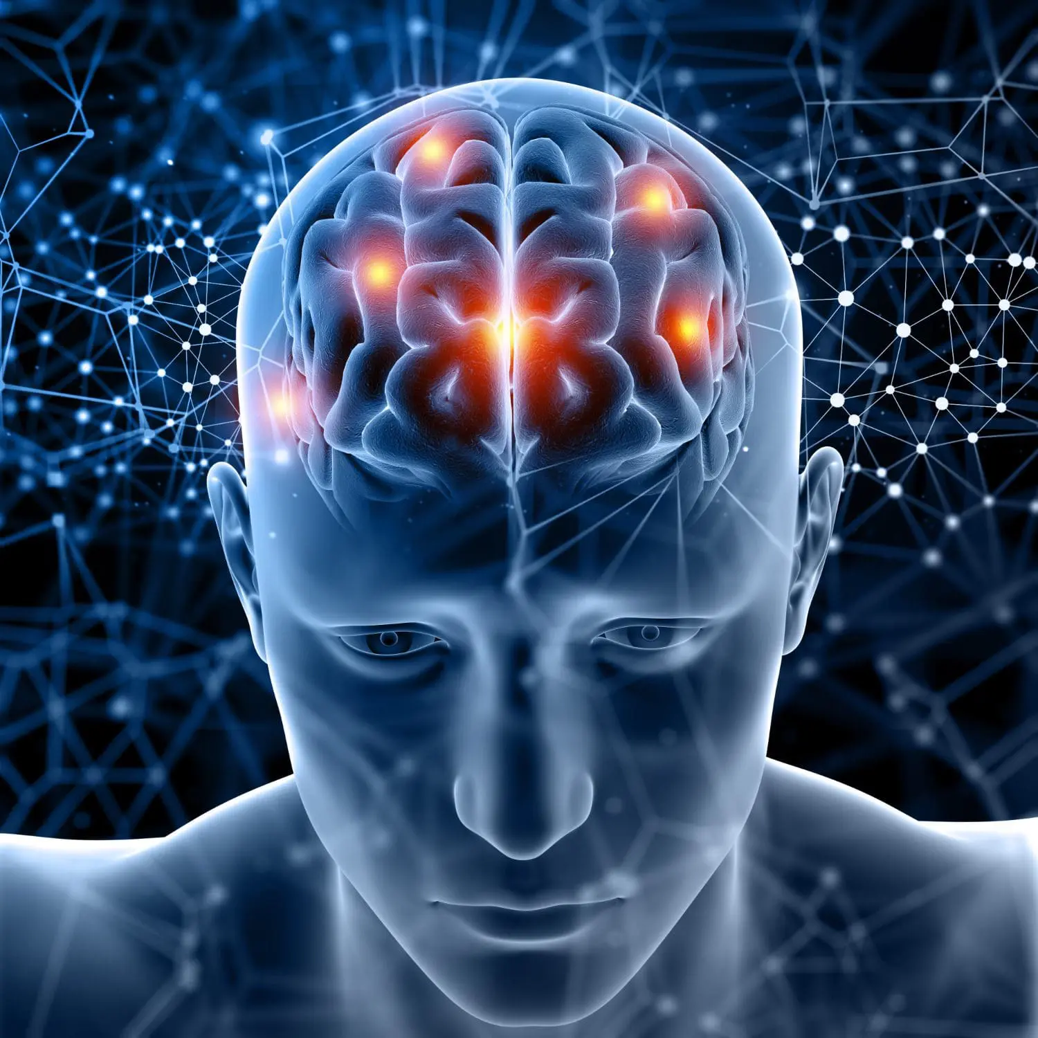 3D rendering of a human head and brain with glowing neural pathways and data connections.