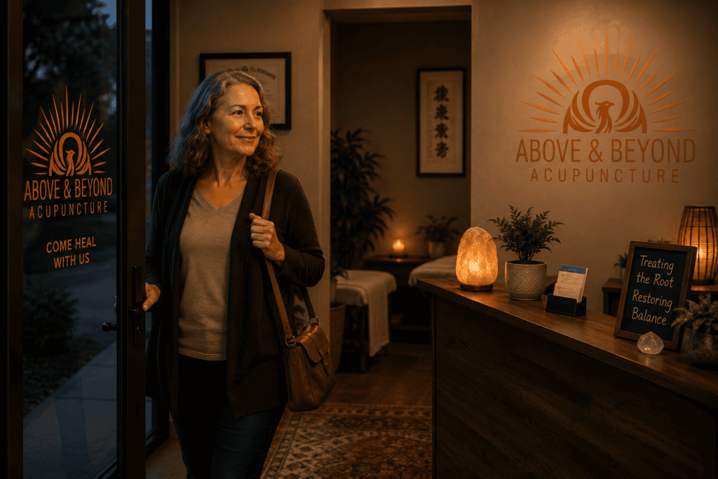 Person arriving calmly at an acupuncture clinic for a regular evening appointment.