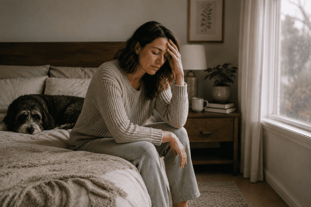 Person sitting on the edge of the bed on a difficult morning, weary but not defeated.