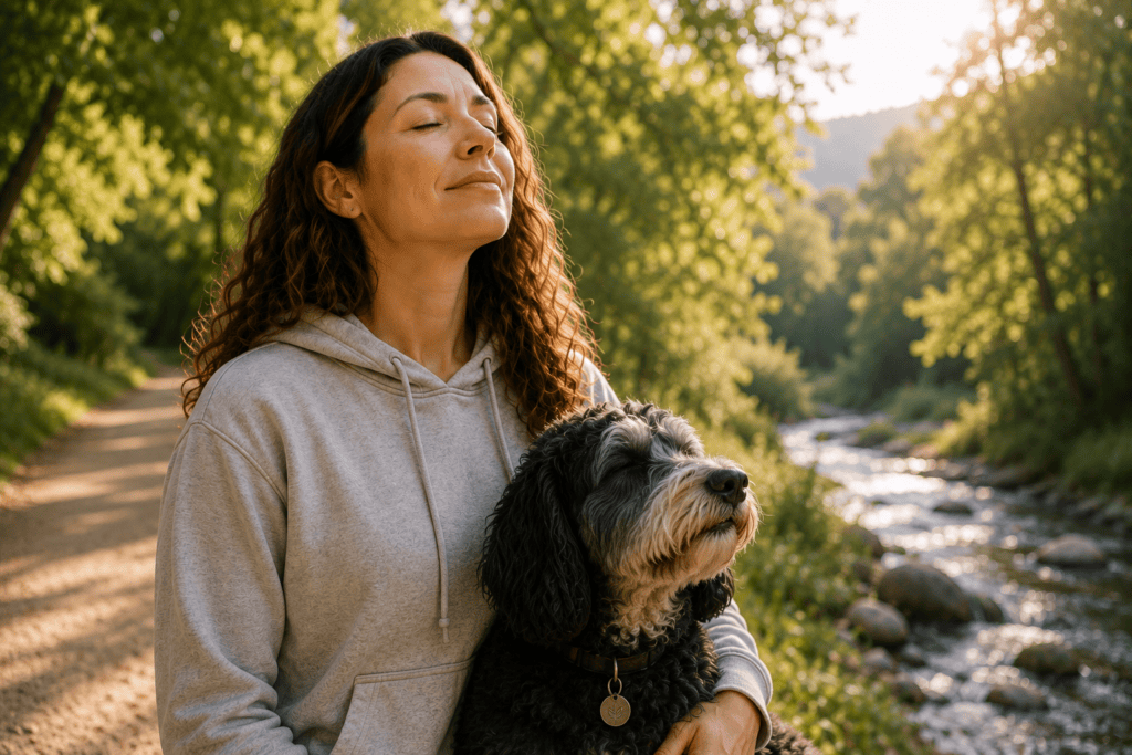 Person outdoors taking a slow, deep breath with a calm, relieved expression and eyes closed.