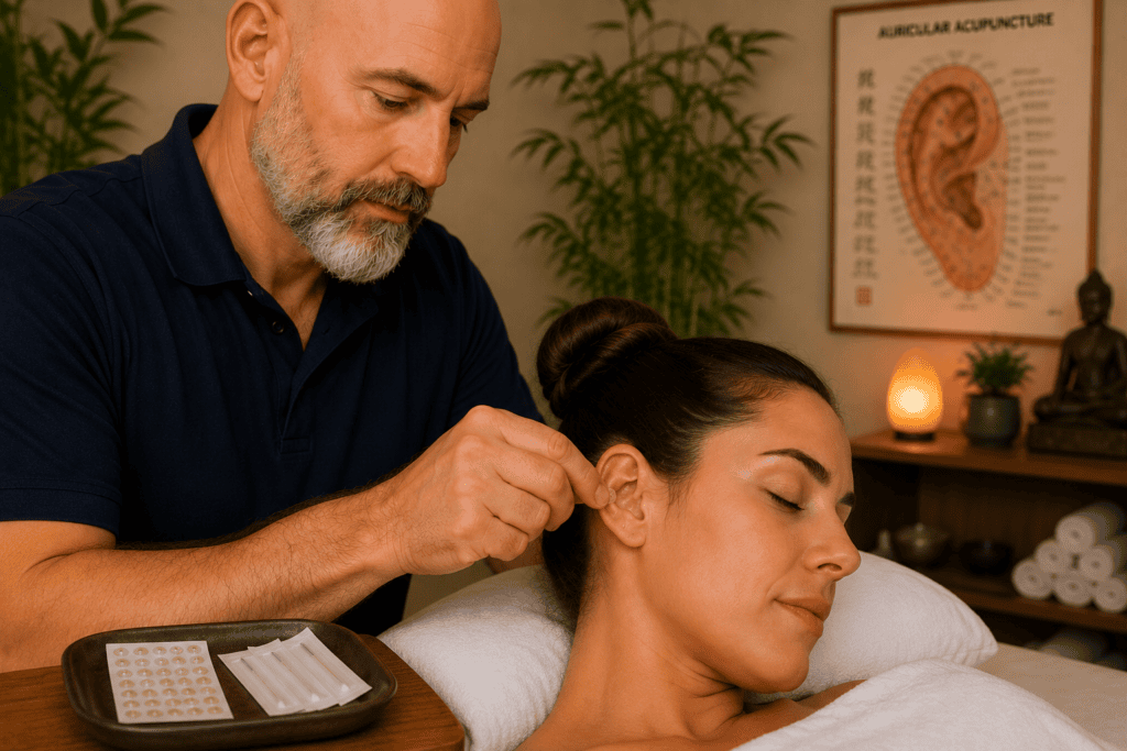 Licensed acupuncturist placing acupuncture needles or ear seeds at specific points on a patient's ear during auricular acupuncture treatment.