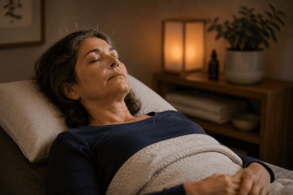 Person lying relaxed and calm during an acupuncture treatment, eyes closed and at ease.