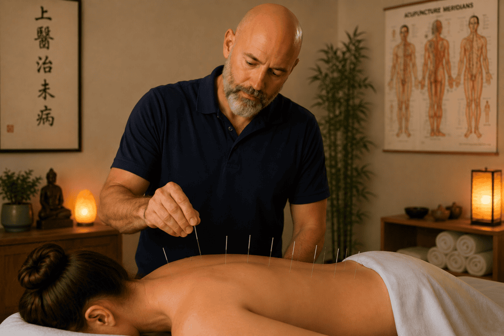 Licensed acupuncturist gently inserting fine sterile disposable needles at specific points on a patient during conventional needle acupuncture.