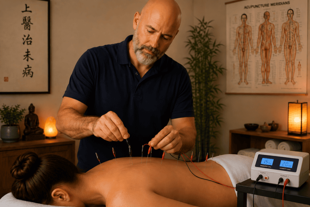 Licensed acupuncturist connecting small clips to acupuncture needles for electroacupuncture treatment delivering gentle electrical stimulation.