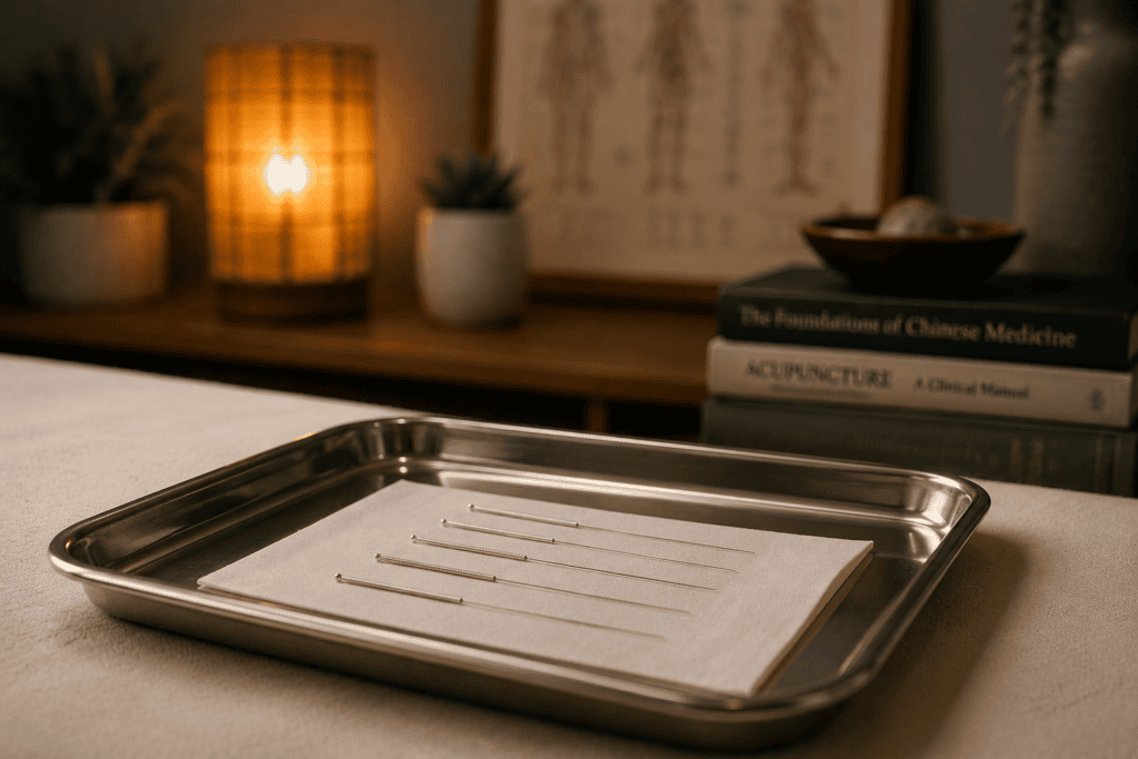 Fine acupuncture needles resting on a clean clinical tray in a calm, softly lit room.