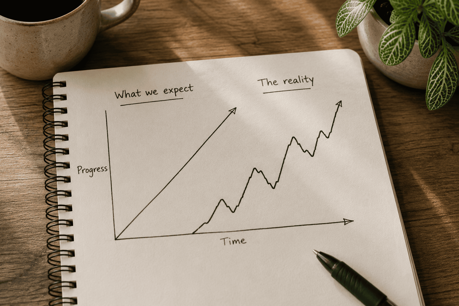 Simple hand-drawn chart on paper showing a jagged, rising line beside a straight diagonal line.