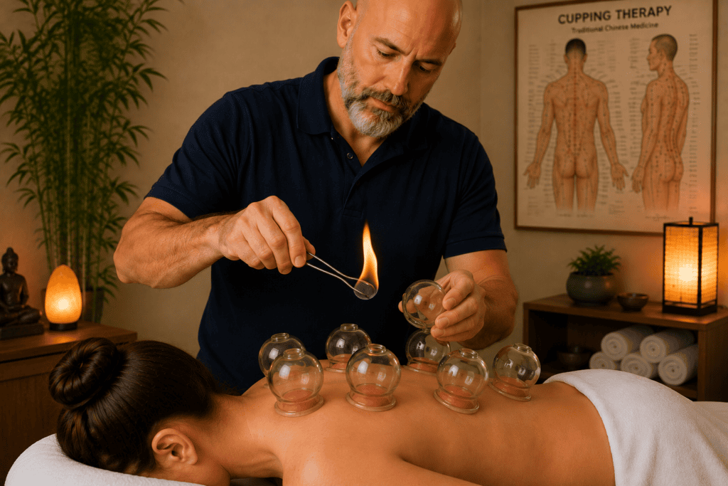 Licensed acupuncturist performing fire cupping using traditional glass cups on a patient's back during a Chinese medicine treatment.