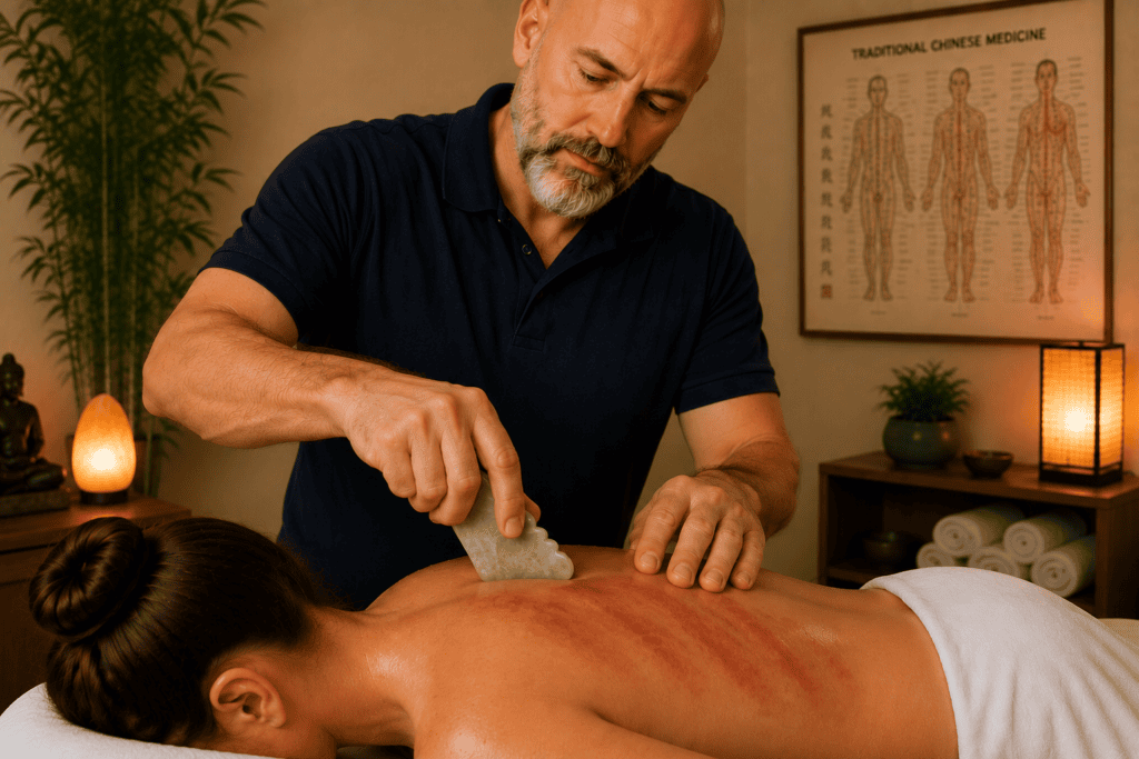 Licensed acupuncturist performing gua sha using a smooth-edged tool to scrape across oiled skin on a patient's back.