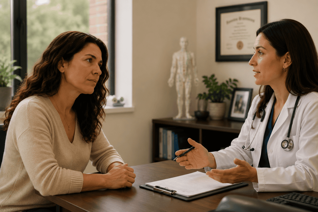Person consulting with a physician to get a proper diagnosis before pursuing acupuncture.