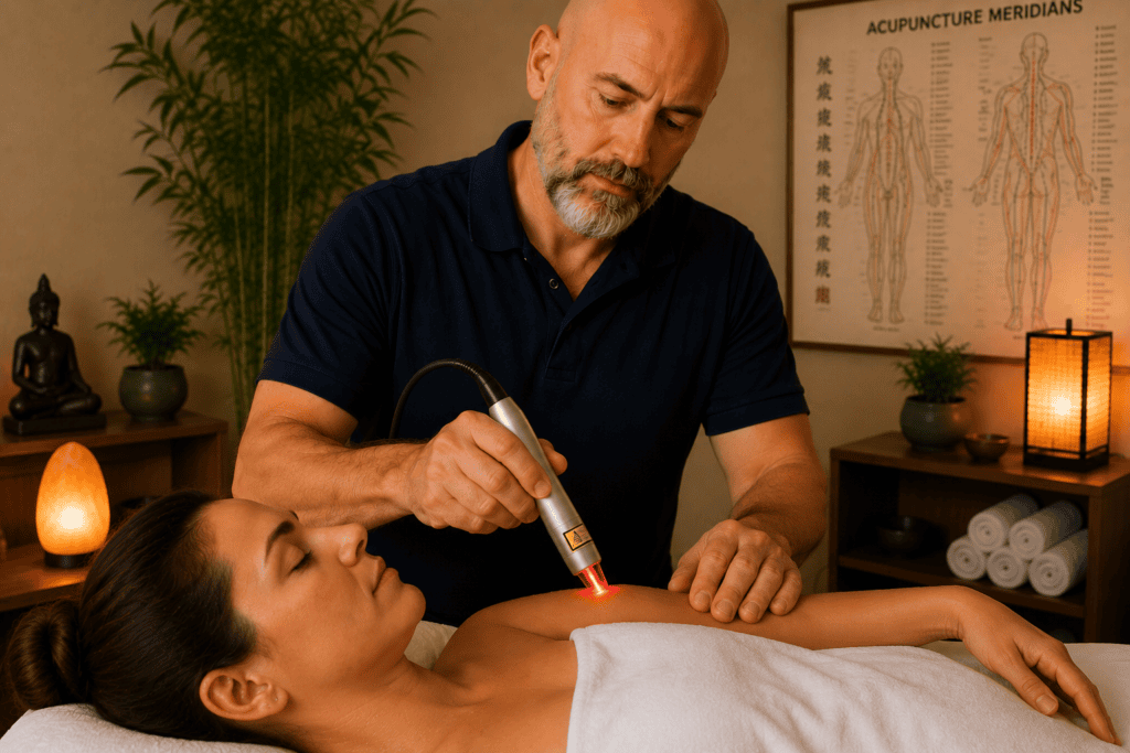 Licensed acupuncturist using a low-level laser to stimulate acupuncture points as a needle-free alternative treatment option.