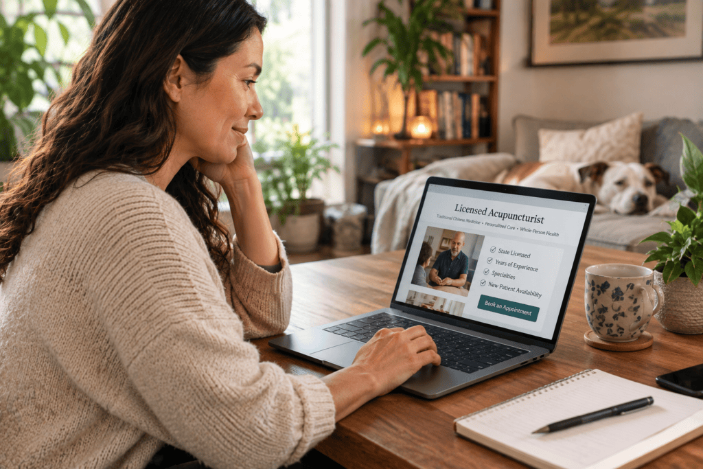 Person calmly booking or researching a licensed acupuncturist on a laptop at home.