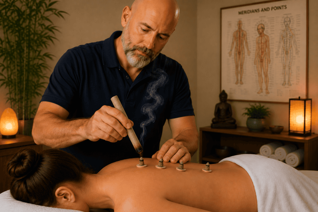 Licensed acupuncturist performing moxibustion using dried mugwort to warm acupuncture points during a Chinese medicine treatment session.