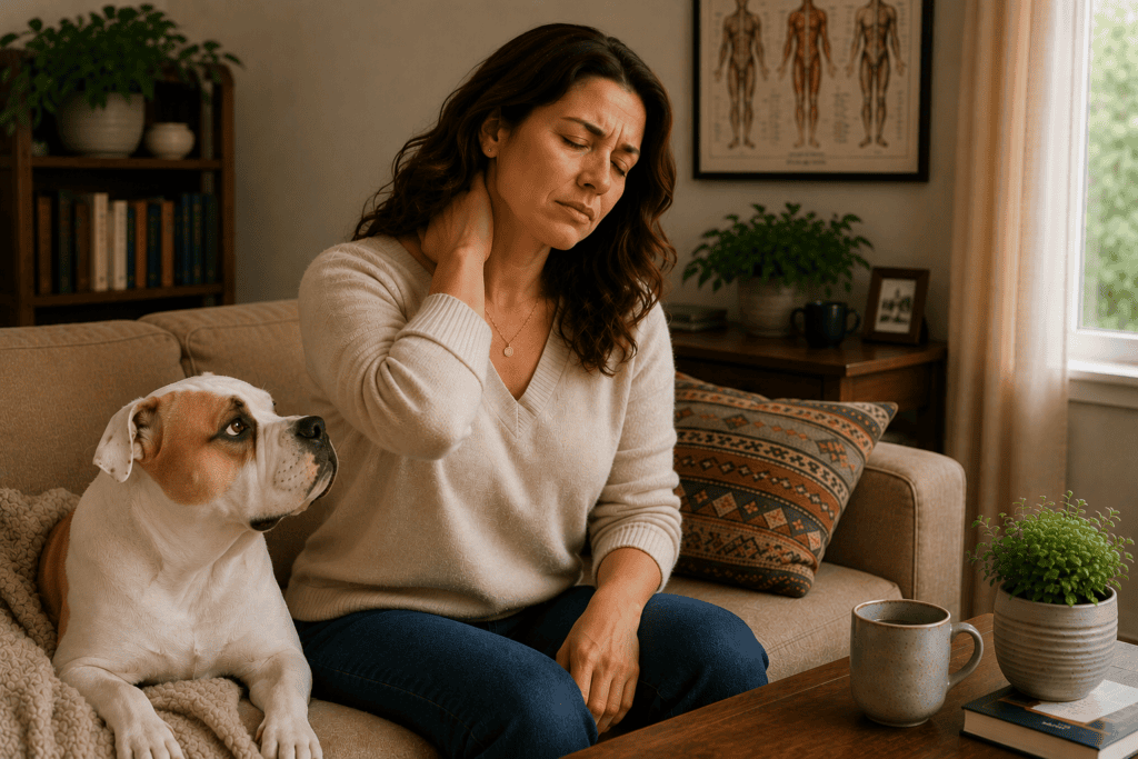 Person rubbing a stiff, aching neck at home, the kind of chronic complaint acupuncture often helps.