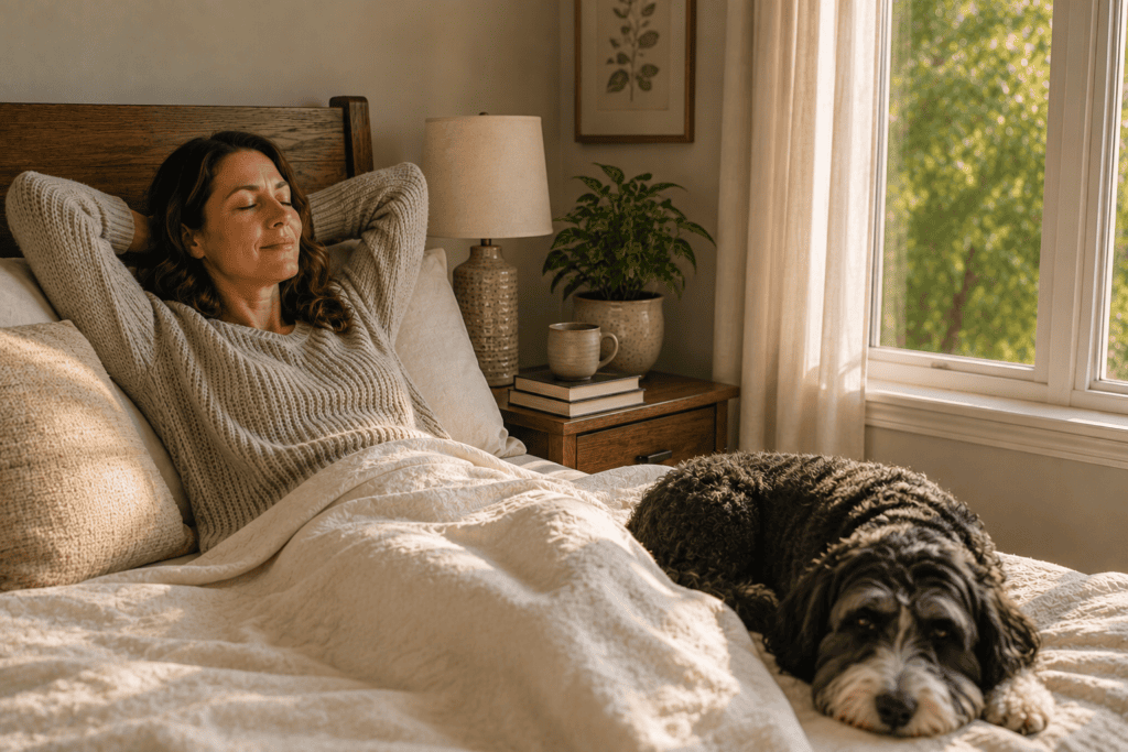 Woman relaxing in bed with her dog at her feet, representing the importance of rest during recovery.