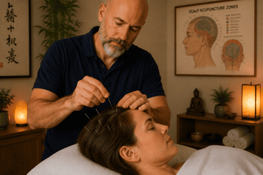 Licensed acupuncturist placing fine needles at specific zones on a patient's scalp during scalp acupuncture treatment for neurological conditions.