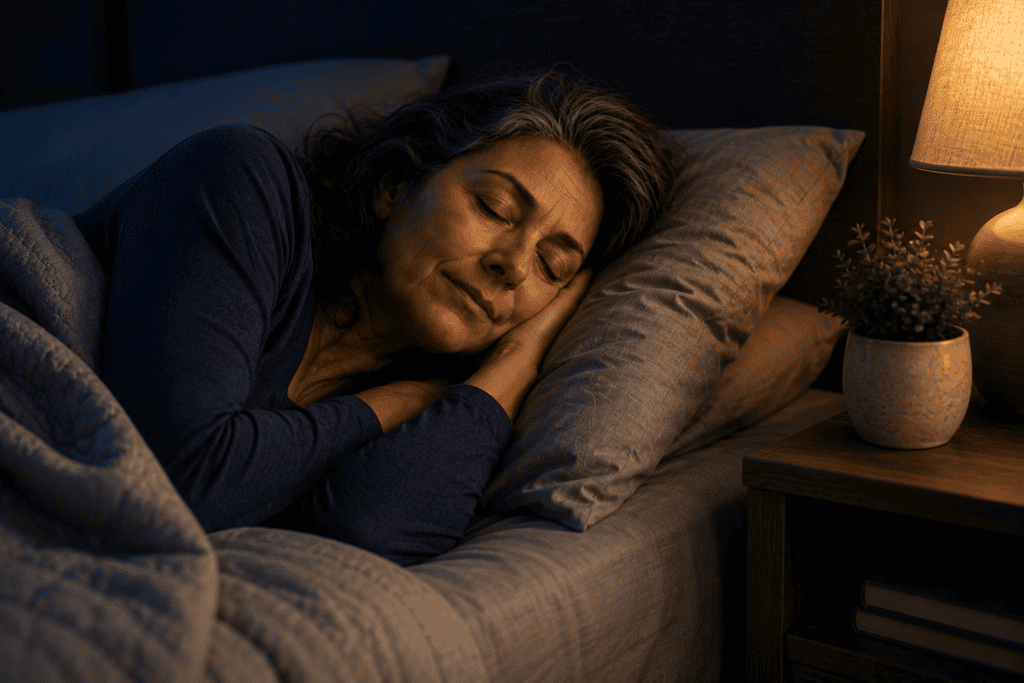 Person sleeping peacefully and comfortably in bed, restful and relaxed.