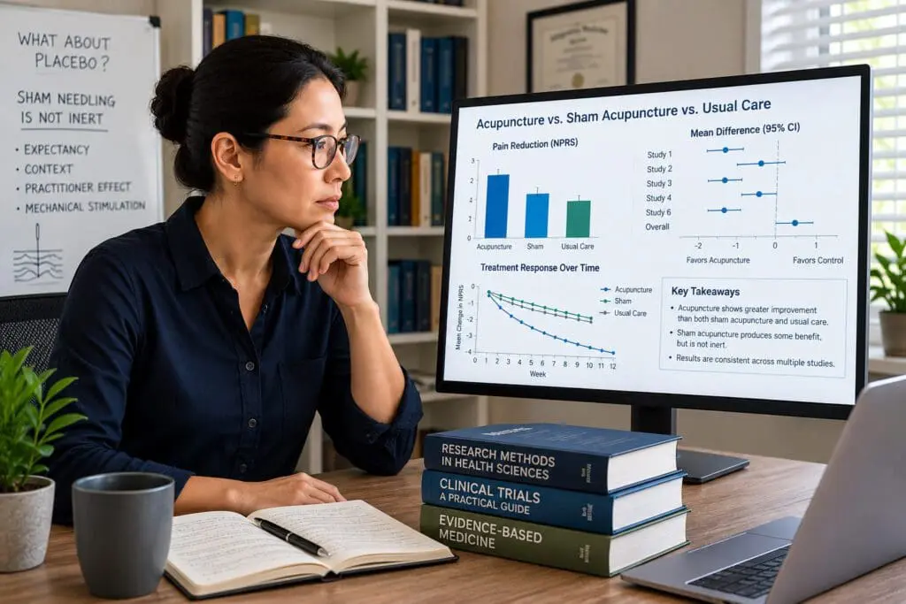 Researcher reviewing acupuncture study data while weighing the placebo question honestly.