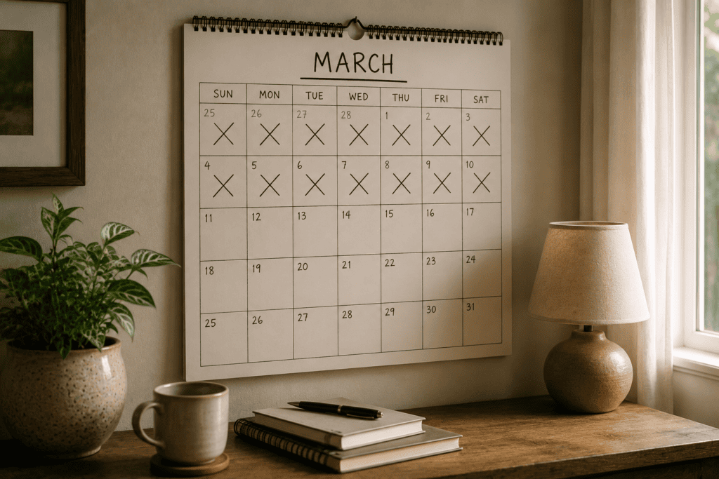 Calendar on a wall with several days passed, suggesting time moving through a flat, unchanging stretch.