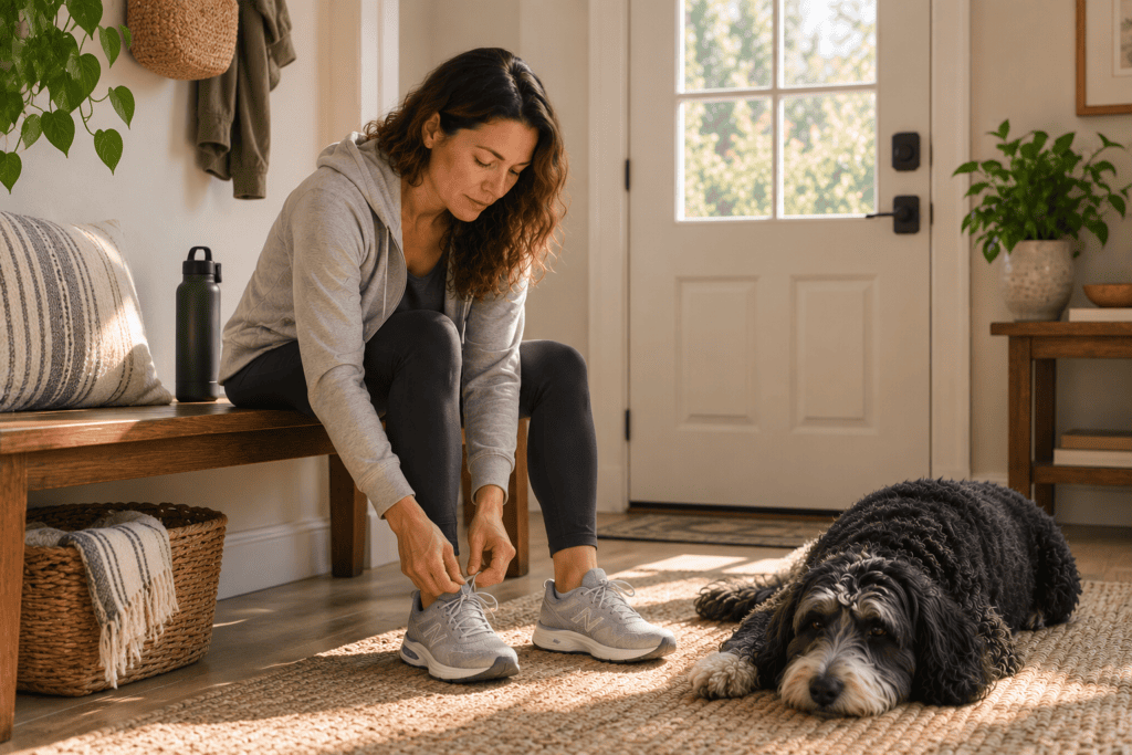 Person lacing up their shoes in the morning, choosing to keep up a healthy routine.