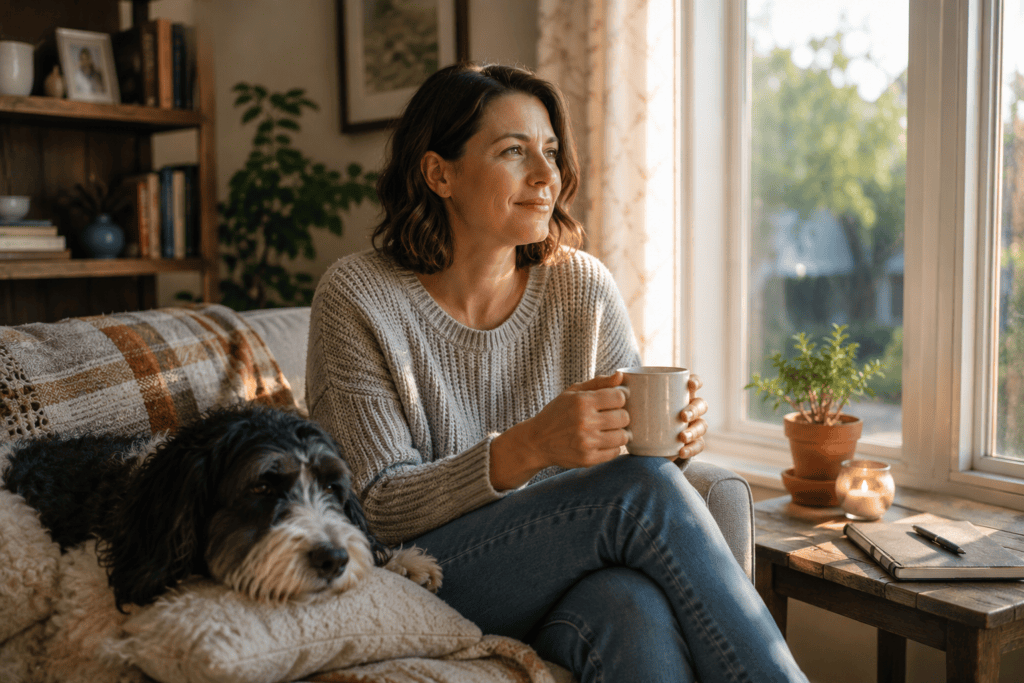 Person sitting quietly by a window in soft morning light, looking reflective and hopeful during recovery.