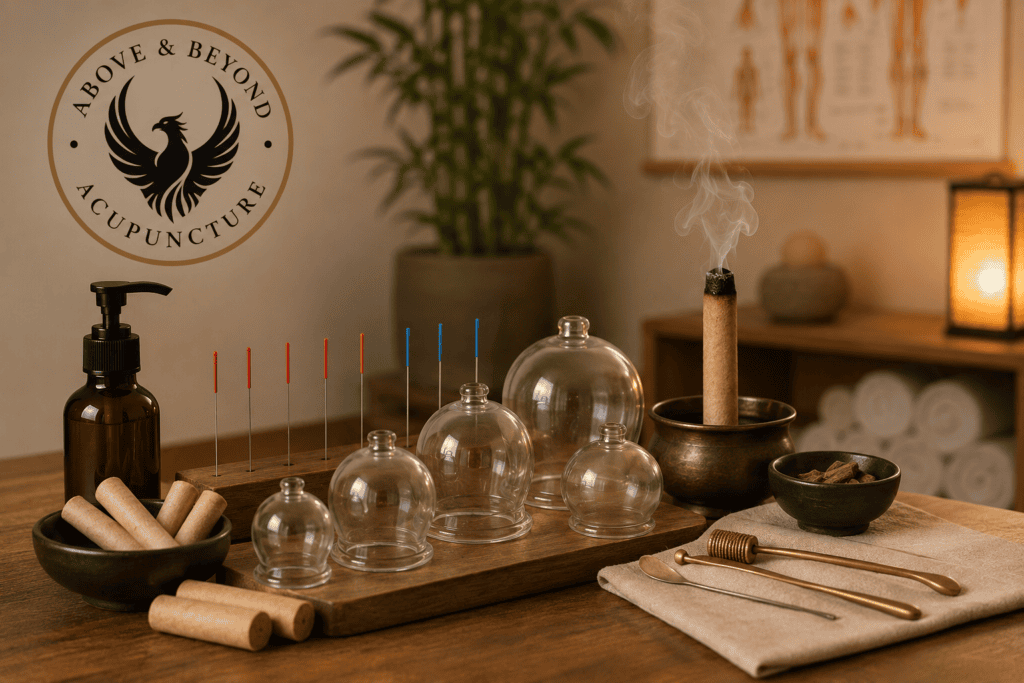 Traditional Chinese medicine tools including glass cupping cups, acupuncture needles, moxa, and treatment instruments arranged in a professional acupuncture clinic with the Above & Beyond Acupuncture logo in the background.