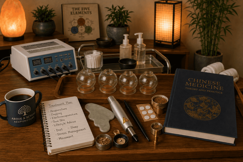 Collection of traditional Chinese medicine tools including glass cupping cups, moxa, electroacupuncture equipment, laser acupuncture device, gua sha tool, ear seeds, and treatment supplies arranged in a professional acupuncture clinic.