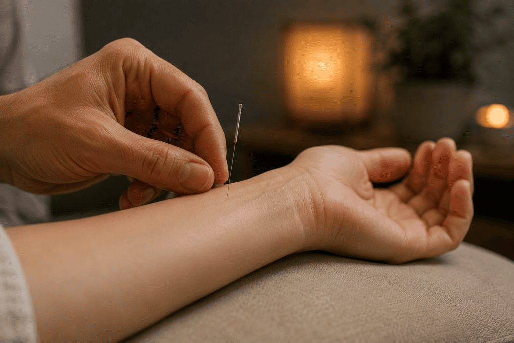 Close-up of a fine acupuncture needle placed at a calming point on the wrist during treatment.