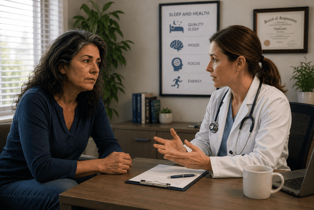 Person discussing their sleep problems with a physician in a bright, reassuring office.