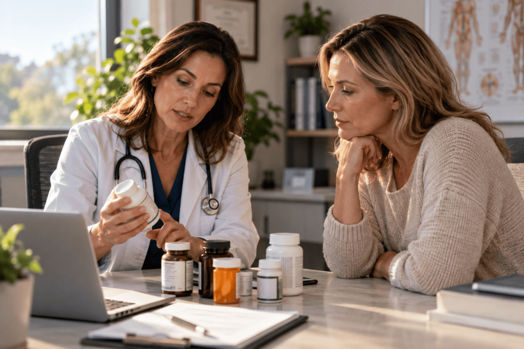 Physician reviewing supplements and prescription medications with a patient before she begins taking 5-HTP.