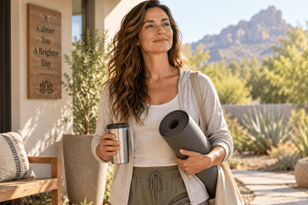 Person looking calm, grounded, and at ease after meditating, moving into the day peacefully.