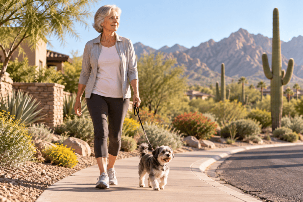 Older woman comfortably walking her dog outdoors in Scottsdale.