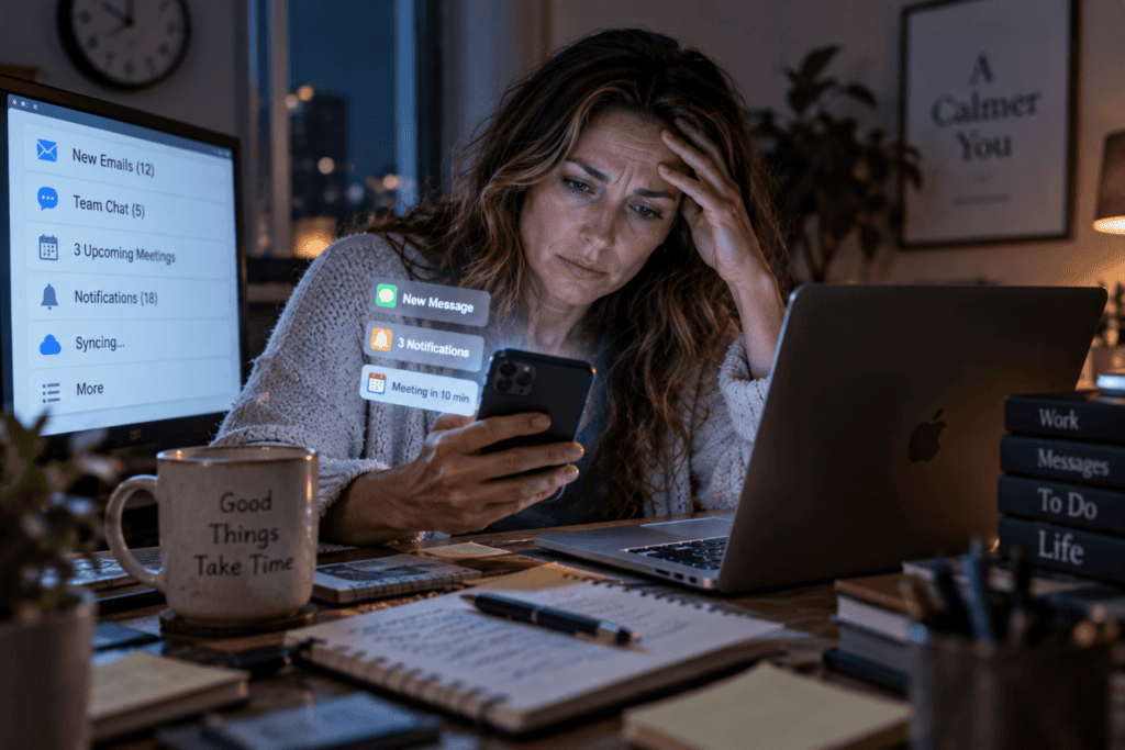 Person surrounded by glowing phone and laptop screens, looking overwhelmed in a dim room.