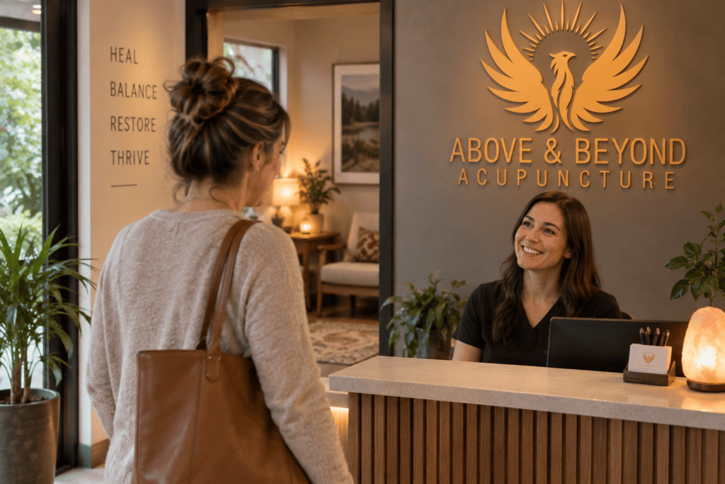 Person arriving calmly at a warm, welcoming acupuncture clinic for occipital neuralgia treatment.
