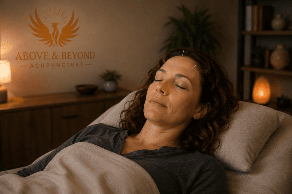 Person lying relaxed with eyes closed during a calming acupuncture treatment.
