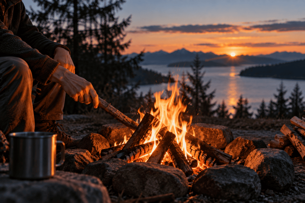 Hands tending a small campfire burning brightly at dusk.
