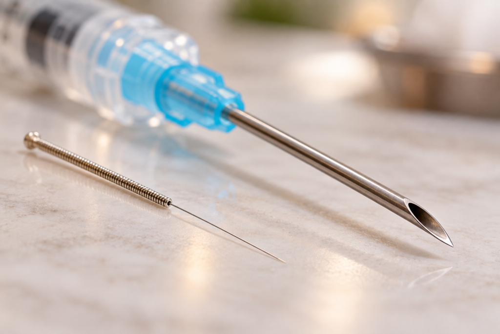 Macro comparison of a very fine acupuncture needle beside a much thicker hypodermic needle.