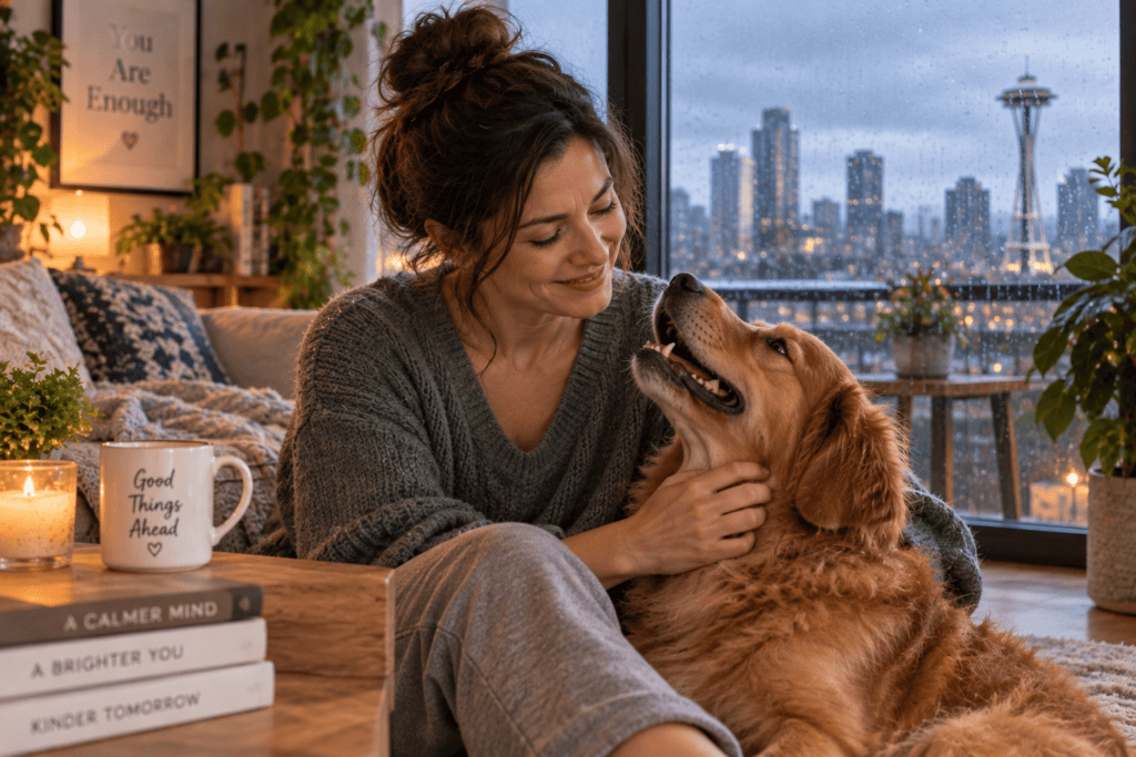 Woman smiling and playing with her dog in her Seattle apartment after practicing acupressure for self-esteem.