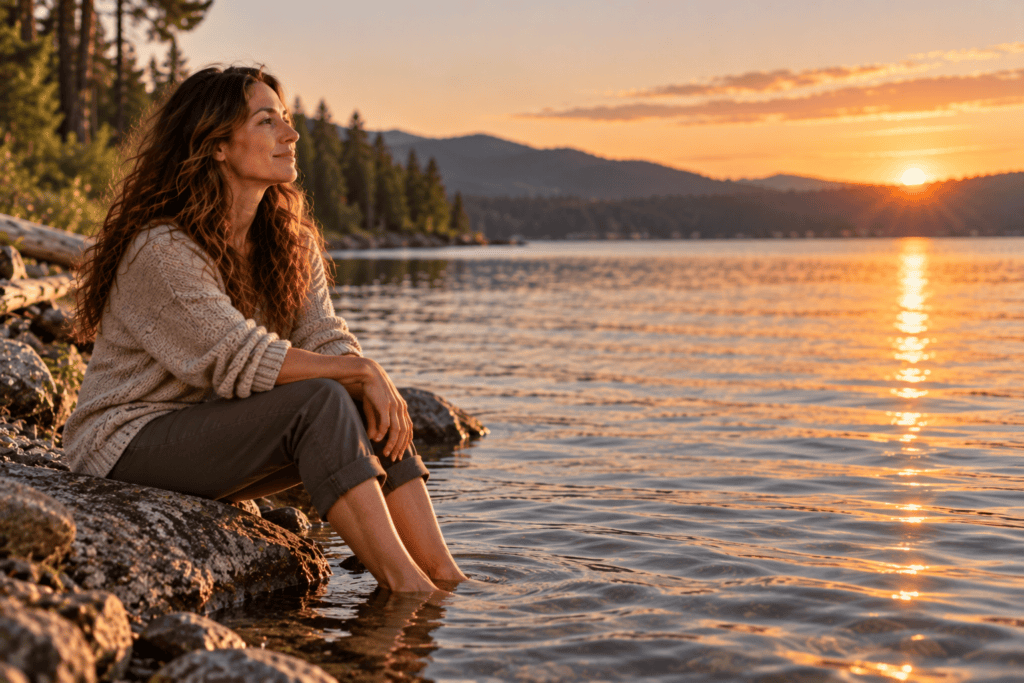 Person walking forward outdoors with a soft smile and a sense of purpose in morning light.