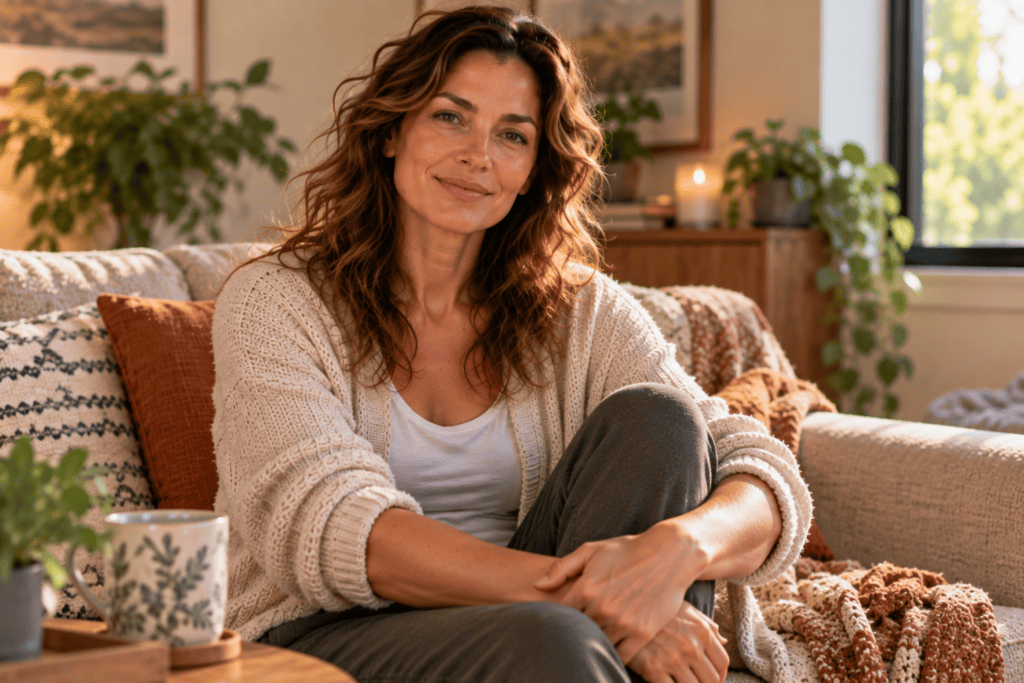 Person sitting calmly and grounded with a soft, settled expression, looking more at ease.