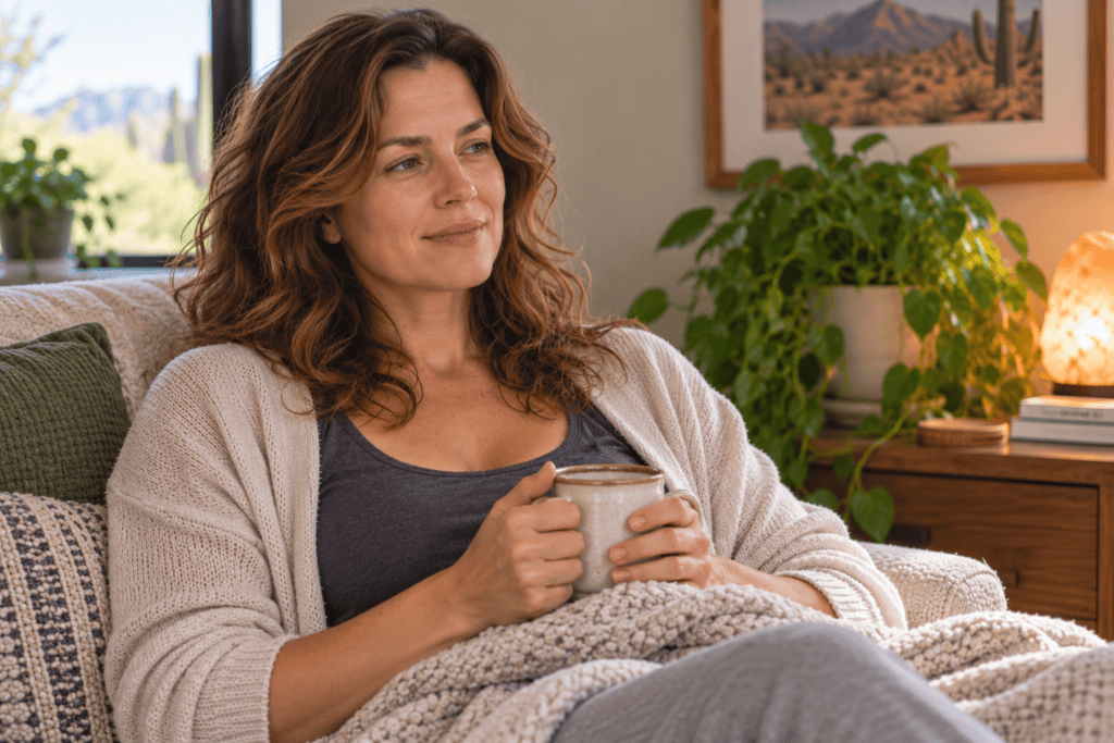 Person resting comfortably and looking calmer and more settled after easing dysautonomia symptoms.