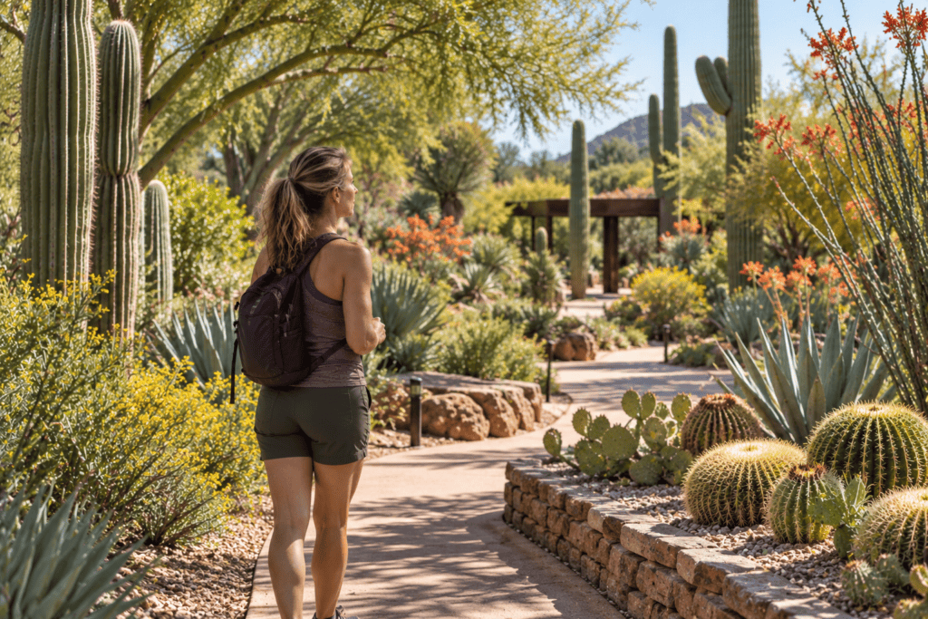 Woman taking a peaceful walk among desert plants at the Desert Botanical Garden in Phoenix.